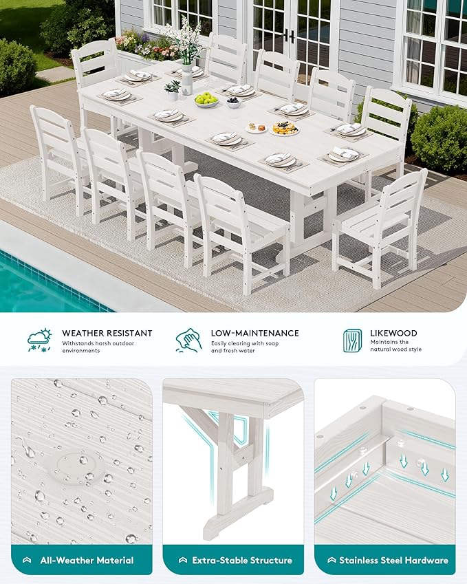 SERWALL 10 Piece Outdoor Dining Set with 15ft Triple-Head Foldable Umbrella(Based not Included), 84" HDPE Outdoor Table and Armless Chairs Set for 8, White