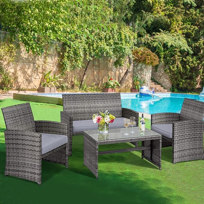 HAPPYGRILL 4 Pieces Rattan Patio Conversation Set with Soft Cushions, Outdoor Furniture Set with PE Wicker Coffee Table & Sofa Chairs for Garden Poolside Porch Backyard