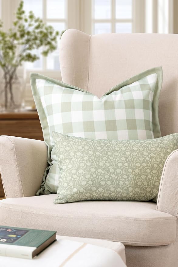 Modern Farmhouse California Casual Indoor Outdoor Throw Pillow Cover, 22"x22" Water Repellent for Patio, Backyard, Couch, Poolside, Light Green Print Gingham