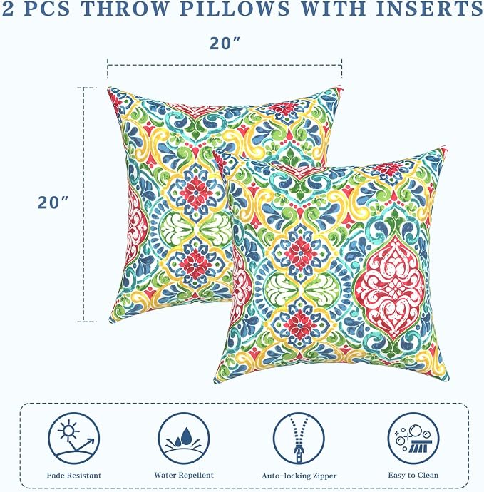 LVTXIII Outdoor Throw Pillows, Decorative Throw Pillows with Inserts, 20"x20" Square Pillows for Bed, Couch, Sofa and Patio Furniture, Set of 2, Damask Red