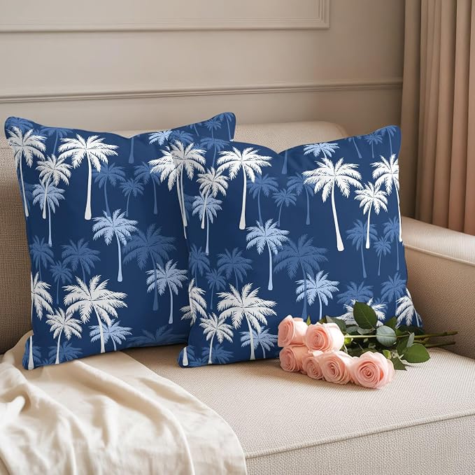 Throw Pillow Covers 20x20 Inch Set of 2, Tropical Palm Tree Waterproof Outdoor Pillow Covers, Navy Blue White Plants Coastal Leaf Decorative Cushion Pillowcases for Couch, Sofa, Bed, Garden, Patio