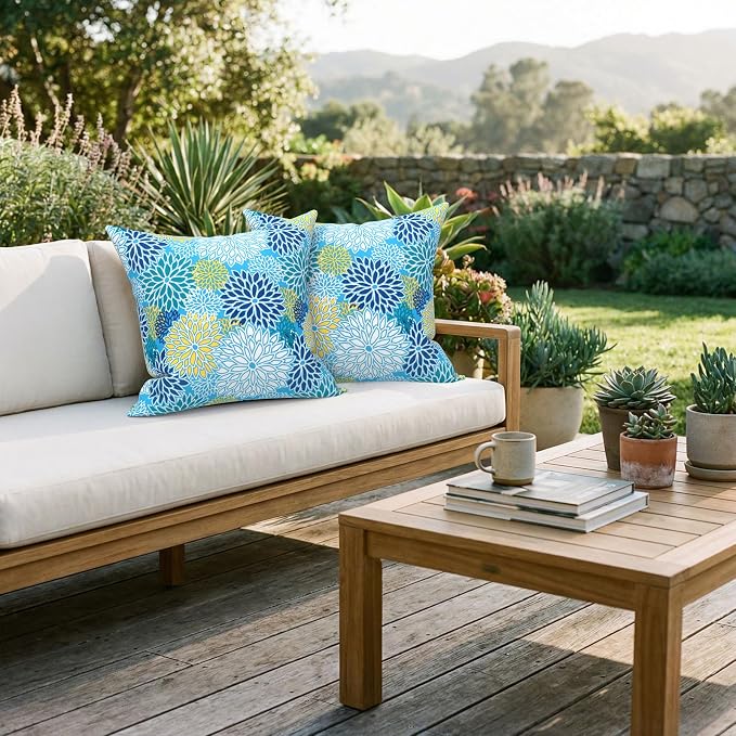 Outdoor Pack of 2 Patio Throw Pillow Covers ONLY 20x20 Inch, Water Repellent Cushion Cases, Square Pillowcases for Couch Decoration, Dahlia Blue