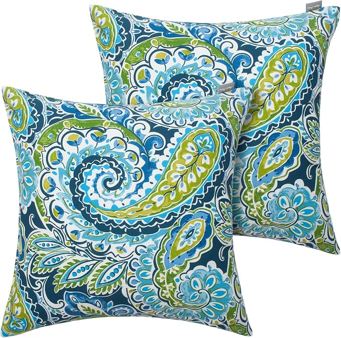 Magpie Fabrcis Pack of 2 Outdoor Waterproof Throw Pillow with Insert 18 x 18 Inch, Christmas Decorative Back Cushion Pad for Garden Patio Tent Balcony Couch Sofa(Paisley Lapis Green)