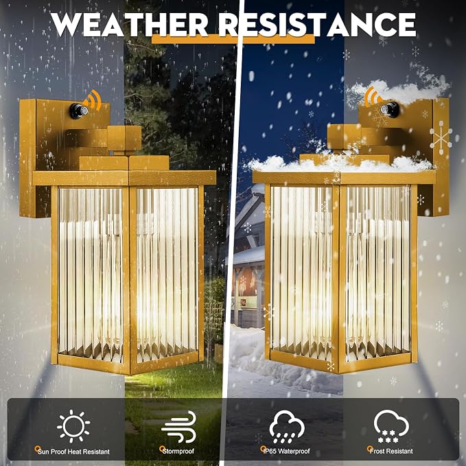 2 Pack Gold Dusk to Dawn Outdoor Wall Light, All-Metal Frame | Auto On/Off, Rust-Resistant,Tempered Glass, Easy DIY Install on Porch, Garage