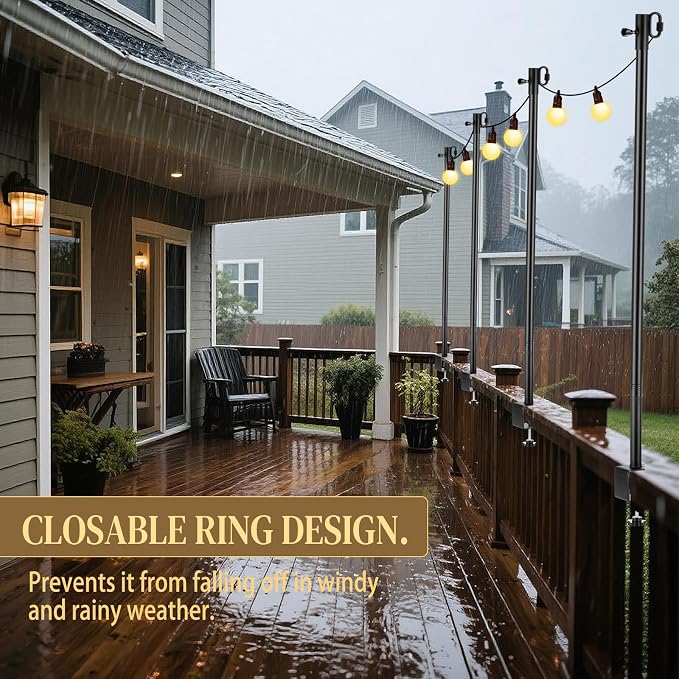 6 Pack Deck String Light Poles with Adjustable 3" Clamp, Outdoor Light Poles for String Lights Christmas Garden Backyard Deck Fence Railing Hanging Bird Feeders, Lanterns, Wind Chimes (28 Inch)