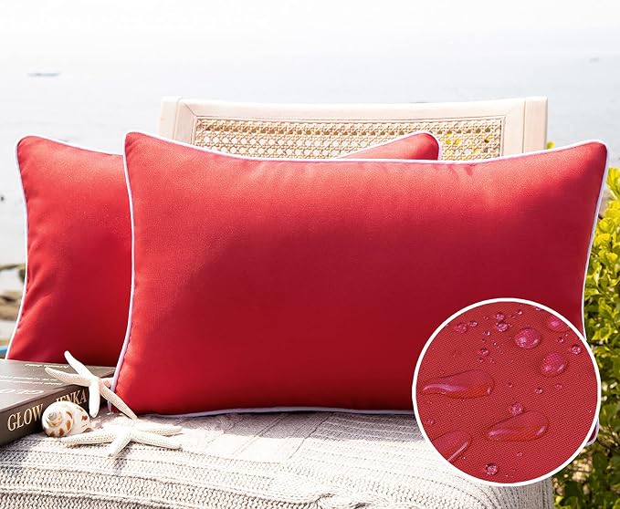Phantoscope Pack of 2 Outdoor Waterproof Solid Throw Decorative Pillow Cover Decorative Square Outdoor Pillows Cushion Case Patio Pillows for Couch Tent, Red 12x20 inches 30x50 cm