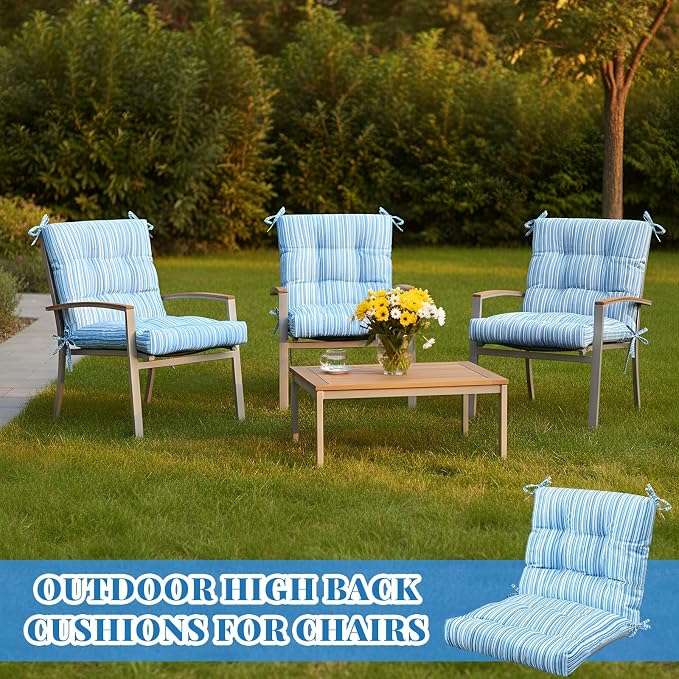 Marsui 4 Pcs Outdoor Indoor High Back Chair Cushions Patio Furniture Tufted Pillow with Ties Water-Resistant Replacement Outdoor Rocking Chair Cushions, 42 x 21 Inches (Blue Stripes,Stripes)