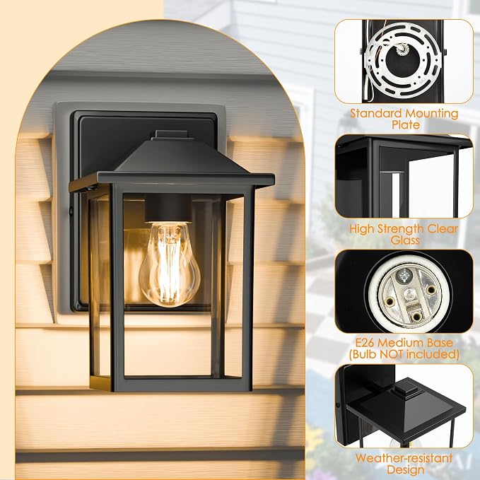 MATAMEYE Outdoor Wall Light Fixture, Exterior Waterproof Porch Lighting | Black Patio Wall Lantern, Anti-Rust, Clear Glass, E26 Socket, Wall Mount Sconce Lighting, Outside Front Door Light Entryway