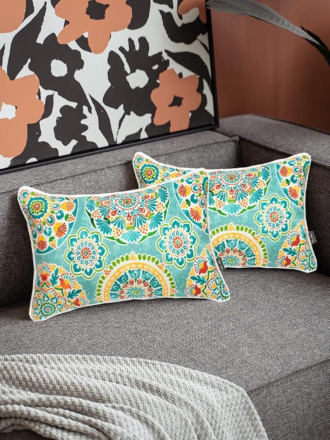 FUNHOME Outdoor Lumbar Pillow with Insert 12x20 Inch Pack of 2-Cyan Circle | Outdoor Pillows for Patio Furniture, Water-Repellent, Decorative Garden Pillows for Home Patio Coach Sofa Use