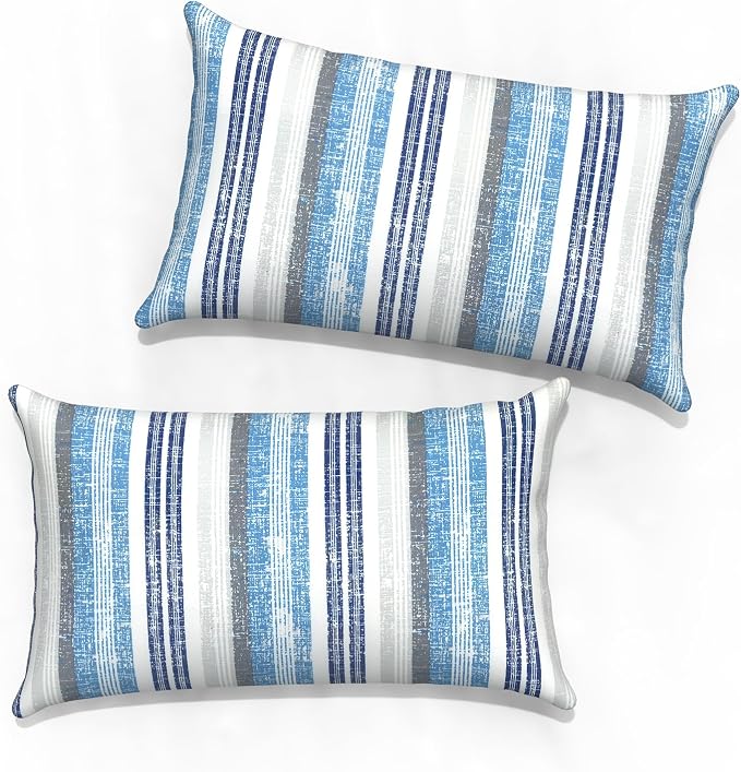 Outdoor Lumbar Pillow Covers 12”x20”, Rectangle Throw Pillow Covers for Patio Furniture, Decorative Lumbar Cushion Case for Garden Balcony Couch Office Chair, Pack of 2, Stripe Layered Blue