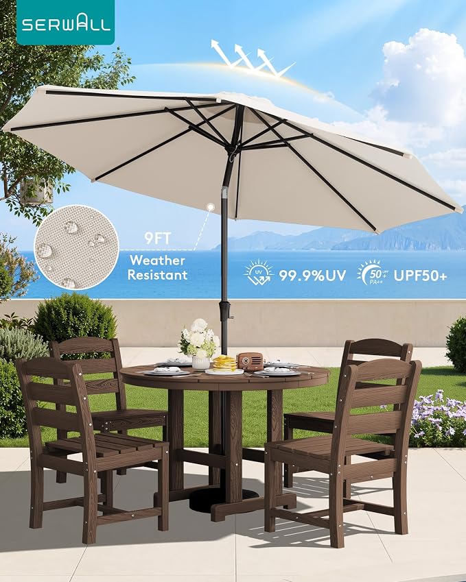 SERWALL 6-Piece Patio Dining Sets, HDPE Outdoor Table and Chairs Furniture Set with Umbrella, 45" Round Dining Table & 4 Armless Dining Chairs & 1 9FT Umbrella, Coffee(Not Include Umbrella Base)