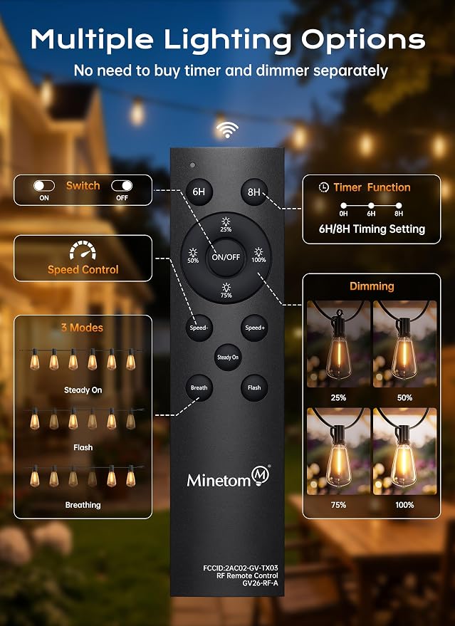Minetom Outdoor String Lights with Remote 37FT, ST38 Patio Lights | Waterproof LED Christmas Lights with 3 Modes, Shatterproof Connectable Outside Lights for Backyard Porch Deck Garden Decor