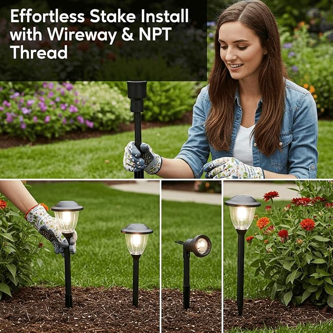 8" Outdoor Light Stake in Black Finish - Support Light Fixture Spikes, Universal Use, Resin Materials, Side Wireway (10 - Large Spike with Wireway)