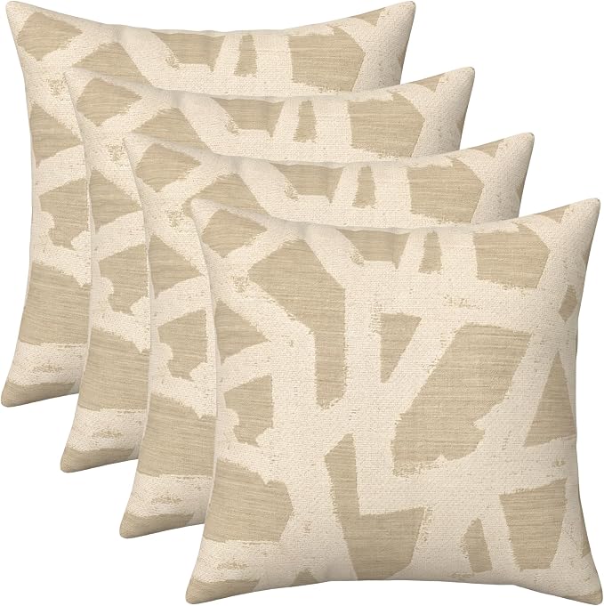 RSH DECOR: Sunbrella Square Throw Pillows Set of 4 | 17" x 17" | Water and Fade-Resistant Performance Fabric | Outdoor Pillow Covers with Down-Alternative Inserts | Made in USA (Draft Parchment)