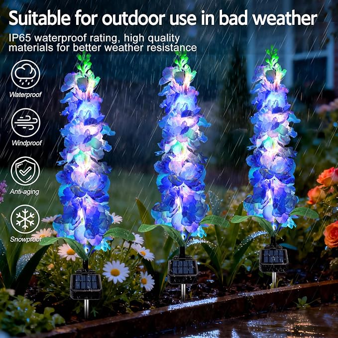 MRHEPHAESTUS Solar Garden Lights, Solar Blue Delphinium Flowers Lights 4 Pack 80 LEDs, Waterproof Outdoor Light Two Lighting Modes for Outside Wedding Party Garden Yard Patio Lawn Decor