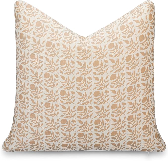 California Casual Coastal Indoor Outdoor Throw Pillow Cover, 20"x20" Water Repellent for Patio, Backyard, Couch, Poolside, Earth Tone Ivory Cream Tan Print Floral and Leaves Geometric