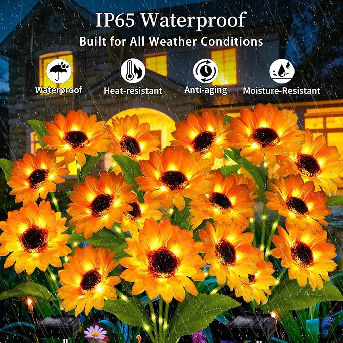 Solar Garden Lights Outdoor, 6 Pack Solar Sunflower Lights with 36 Head 3.5 Inch Flowers, Waterproof Flowers Light Fall Thanksgiving Decorations for Garden Yard Patio Backyard, Gifts for Mom Women