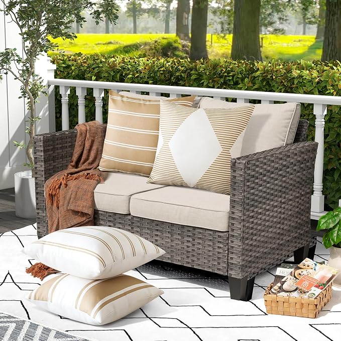 OTOSTAR Outdoor Waterproof Decorative Throw Pillow Covers 20x20 Inch Geometry Pillow Cases Square Cushion Case Garden Pillow Covers Pillows Shell for Patio Furniture Couch Tent Set of 4 (Light Coffee)