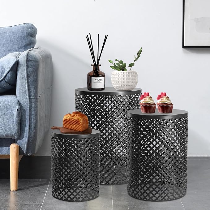 Set of 3 Nesting Side Table, 3Pcs Patio Side Table Iron Side Table Outdoor/Indoor Accent Table with 3 Sizes, Round Metal End Table for Gardens, Balconies, Bedrooms-Black