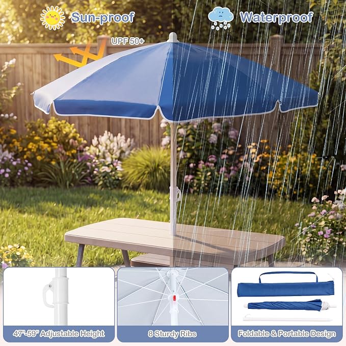 Costzon Kids Picnic Table, Toddler Outdoor Table & Bench Set with Removable Umbrella, HDPE Tabletop, Metal Frame, Kids Outdoor Furniture for Patio Backyard Garden, Fits 4 Children Age 3+ (Coffee)
