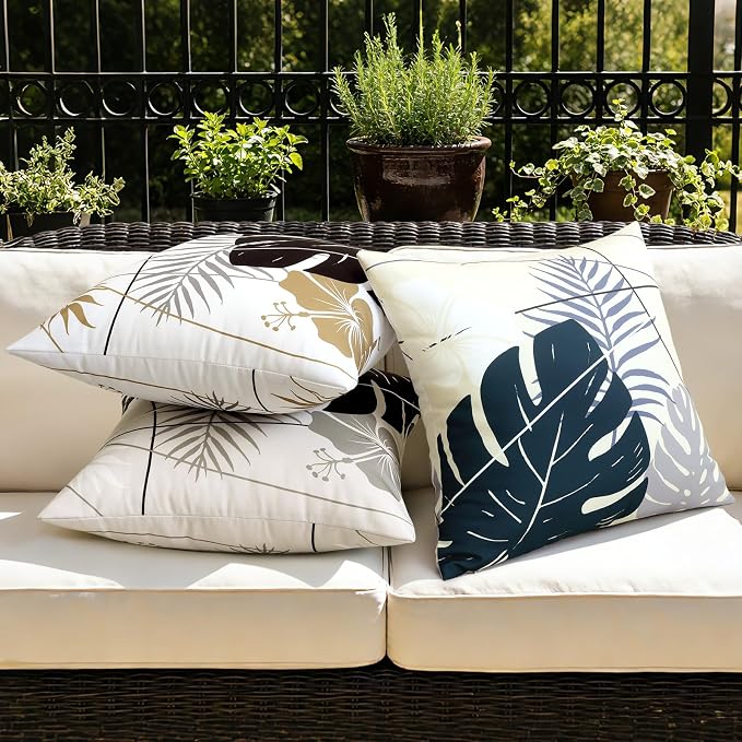 OTOSTAR Outdoor Waterproof Throw Pillow Covers 16x16 Inch Set of 2 Double-Sided Dark Blue Grey Tropical Leaf and Flower Spring Summer Decorative Pillow Cases for Patio Funiture Garden Balcony Couch