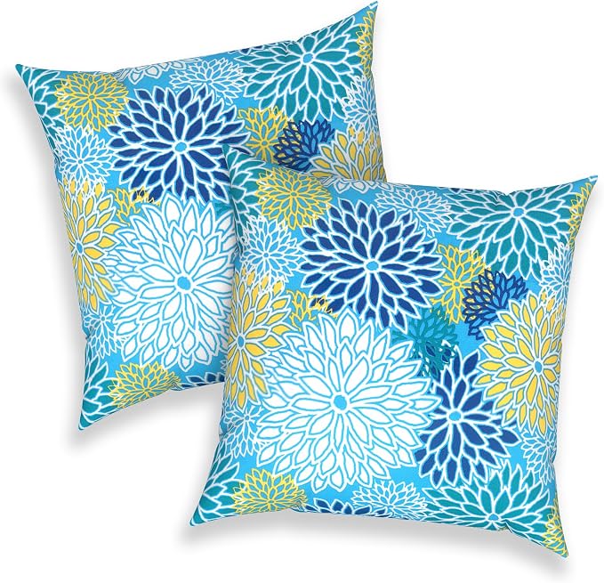 Outdoor 16x16 Inch Throw Pillow Covers Set of 2, All Weather Square Pillow Cases, Covers ONLY, Patio Cushion Pillow of Home Furniture Use, Dahlia Blue
