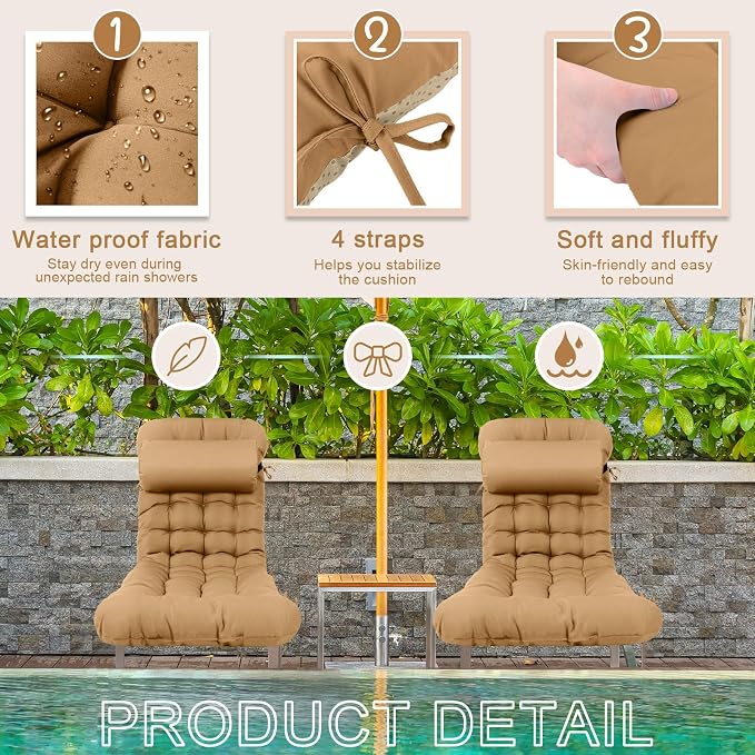 Tudomro Outdoor Chaise Lounge Cushion 66x21x4'' Waterproof & Fade-Resistant Patio Pool Chaise Lounge Cushion Headrest Pillow Tie Replacement Rocking High Back Chair(Brown,Set of 2)