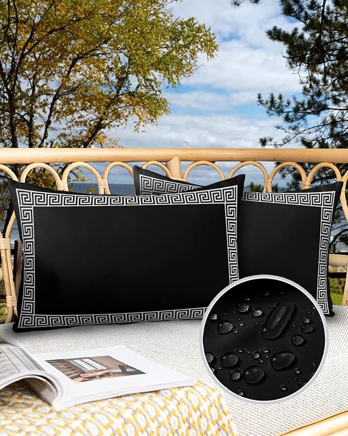 Outdoor Throw Pillow Cover Simple Geometry Greek Art Waterproof Cushion Covers 2 Pack Classic Greece Black White Pillow Cases Home Decoration for Patio Garden Couch Sofa