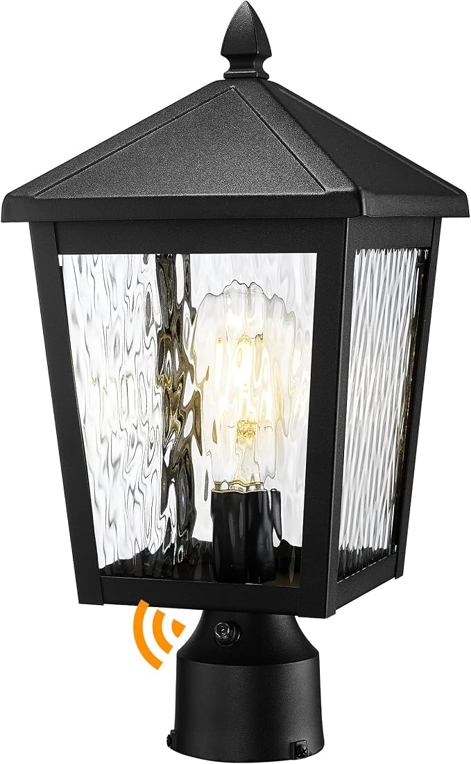 zeyu Dusk to Dawn Lamp Post Fixture with Photocell Sensor, 16 Inch Outdoor Lamp Post Light Sensor, Post Lantern Lamp with Water Ripple Glass, 20076P-PC BK-WP
