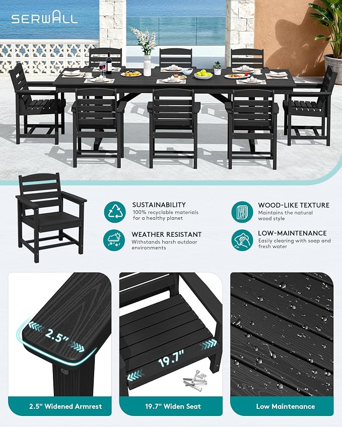 SERWALL Outdoor Dining Chairs Set of 2, All-Weather HDPE Patio Chair with 19.7" Widened Seat, for Backyard, Garden, Black