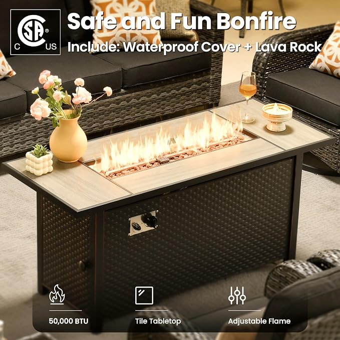 ovios 9 Pieces Patio Furniture Set, Outdoor Wicker Sofa Couch with Swivel Glider Chairs Fire Pit Table, Modern Deep Seat Rattan Conversation Sets for Deck Porch, Black