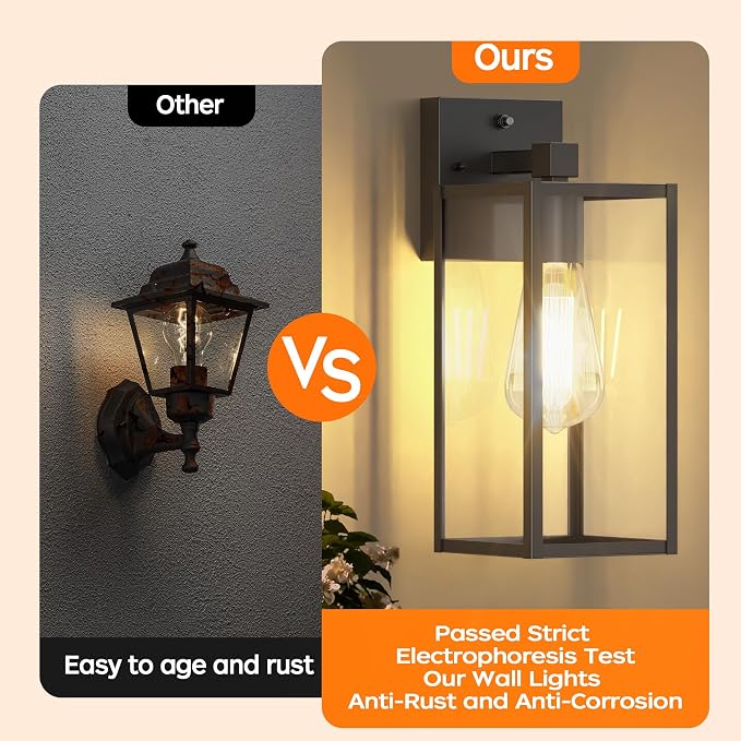 13" Dusk to Dawn Exterior Lighting Fixture, Outdoor Porch Light Wall Sconce | Anti-Rust Metal Frame, Tempered Glass, E26 Base, Waterproof, Sensor Wall Lantern for Patio, Garage, Entryway