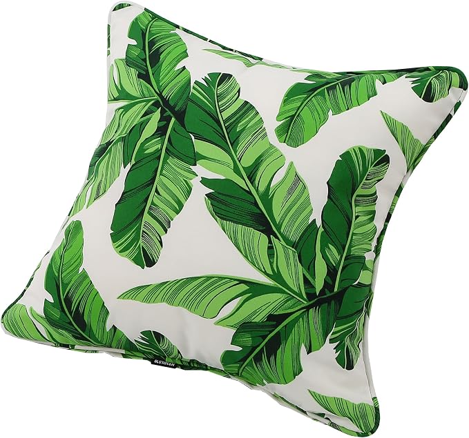 Outdoor Throw Pillow with Insert 18x18 Inch, Set of 2, Piping Edge Waterproof Fade Resistant Decorative Fluffy Pillows for Patio Furniture Chair Bench Couch Sofa - Green Leaves White