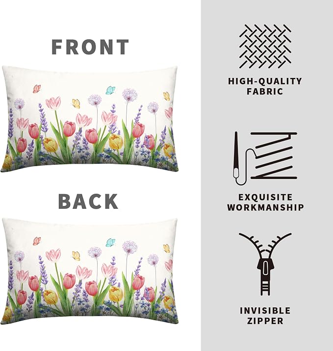 Spring Summer Floral Rectangle Pillow Case 12x20 Pink Tulip Lumbar Throw Pillow Covers Flowers with Butterflies Decorative Waist Pillowcase Set of 2 for Bed Couch Sofa