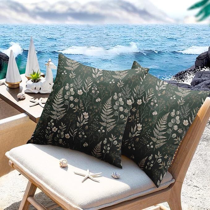 Throw Pillow Covers, Wildflower Eucalyptus, 18 x 18 Inch, Set of 2 | Cottagecore Farmhouse Garden Green Waterproof Outdoor Square Cushion Case Pillowcase for Couch Beach Patio