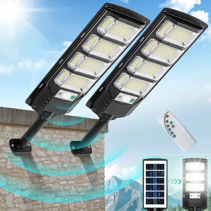 FOWSEEK Solar Lights Outdoor Waterproof, 2 Pack Solar Street Lights 12000 Lumen with Motion Sensor, Flood Security Light with Remote Control Dusk to Dawn Commercial Lighting for Yard Path 192LED