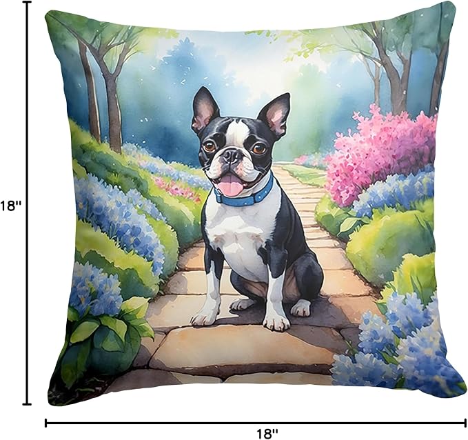 Caroline's Treasures Boston Terrier Spring Path Throw Pillow Machine Washable, Indoor Outdoor Decorative Pillow for Couch, Bed or Patio, 18Hx18W