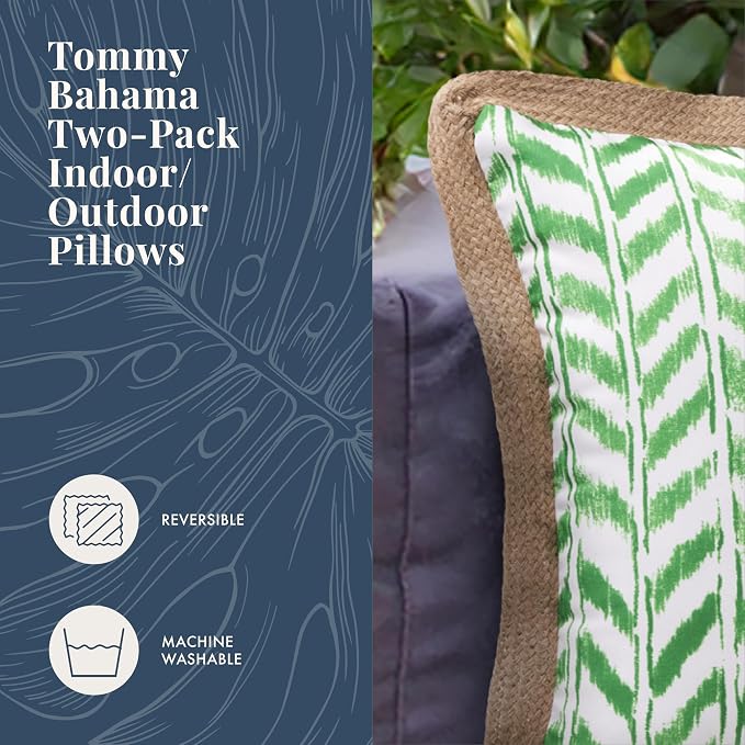 Tommy Bahama 18" x 18" Indoor/Outdoor Pillows, Pack of 2, Chevron Green | Water-Resistant, Fade-Resistant Cushions with Inserts, Reversible Covers For Patio, Poolside And Garden Seating