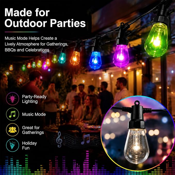 Outdoor String Lights 50FT, RGBW Patio Lights with App & Remote Control | 20 ST14 bulbs, RGBW color modes, app control, remote control, music mode, timer, backyard decor