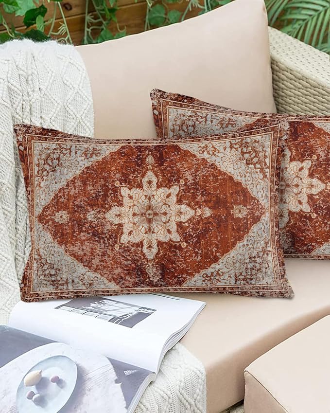Outdoor Waterproof Pillow Covers Set of 2, Medieval Turkish Patterns Vintage Mural Wallpaper Patio Throw Pillow Covers, Decorative Cushion Case for Couch Sofa Furniture Garden, 20x12 Inch