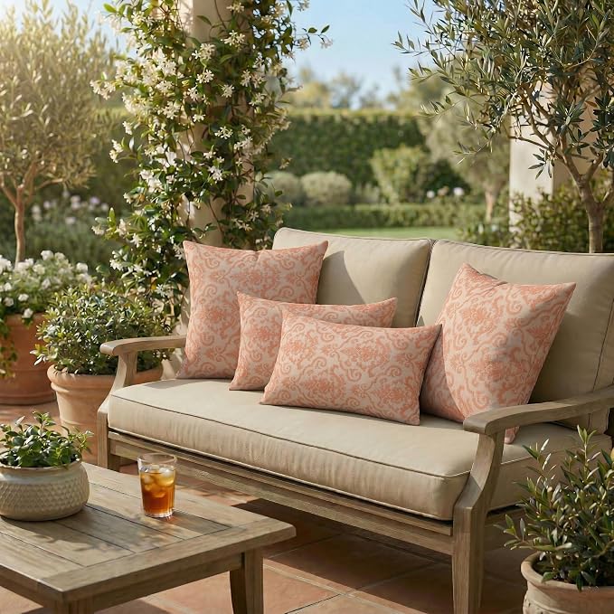 RSH DECOR: Sunbrella Lumbar & Square Pillows Set of 4 | 20" x 12" & 17" x 17" | Water & Fade-Resistant Performance Fabric | Outdoor Throw Pillows for Patio Furniture | Made in USA (Rialto Papaya)