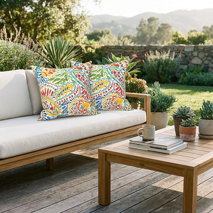 20x20 Inch Pack of 2 Patio Throw Pillow Covers ONLY, Water Repellent Cushion Cases, Square Pillowcases for Outdoor Couch Decoration, Paisley Multi