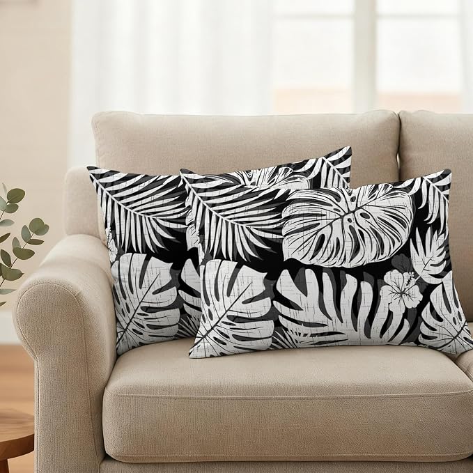 Black Palm Leaves Outdoor Pillow Covers 20"x12" Set of 2, Tropical Botanical Minimalist Modern Waterproof Throw Pillow Covers for Patio Furniture, Decorative Cushion Covers for Porch