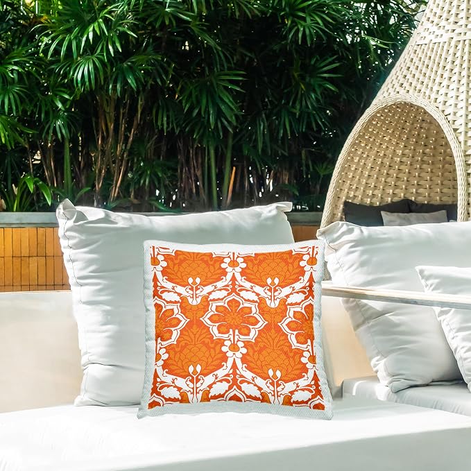 Stupell Industries | Orange White Damask Pattern, 18 x 18 | Outdoor Pillow, Made in USA - By Geoff Tygert