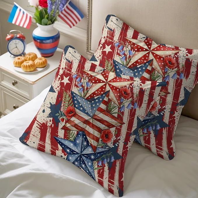 Independence Day Outdoor Pillow Covers 16"x16" Set of 2, Retro American Flag Star Red Flower Abstract Country Waterproof Throw Pillow Covers for Patio Furniture, Decorative Cushion Covers for Porch