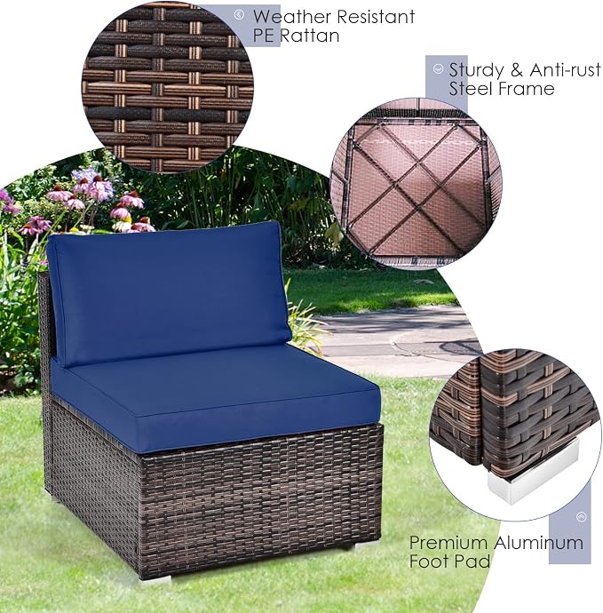 HAPPYGRILL 6 Pieces Outdoor Patio Furniture Set, PE Rattan Conversation Set with Tempered Glass Coffee Table and Cozy Cushions, Weather Resistant Sectional Sofa Set, Navy Blue