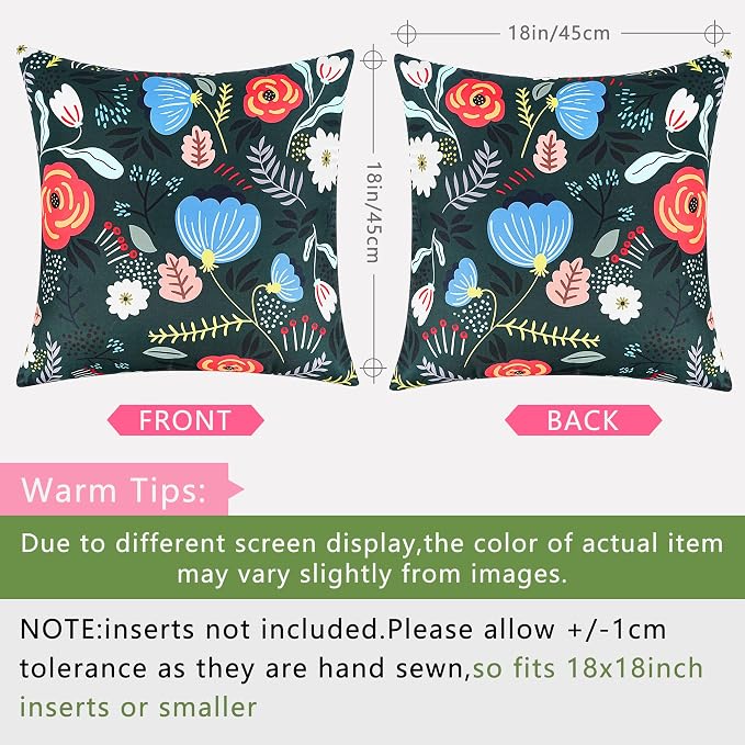 Pyonic Waterproof Outdoor Pillow Covers 18x18 Set of 2, Colorful Floral Decorative Cushion Covers for Patio Furniture, Garden, Balcony,Sunbrella， Boho Nordic Outdoor Indoor Home Decor,Dark Green
