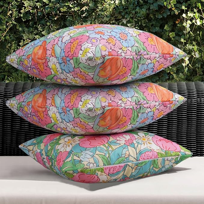 JASEN Outdoor Waterproof Throw Pillow Covers 18x18 Inch, Spring Floral Double Sided Decorative Square Covers for Patio Furniture Garden Square Couch & Sofa - Pack of 2 (Floral B)