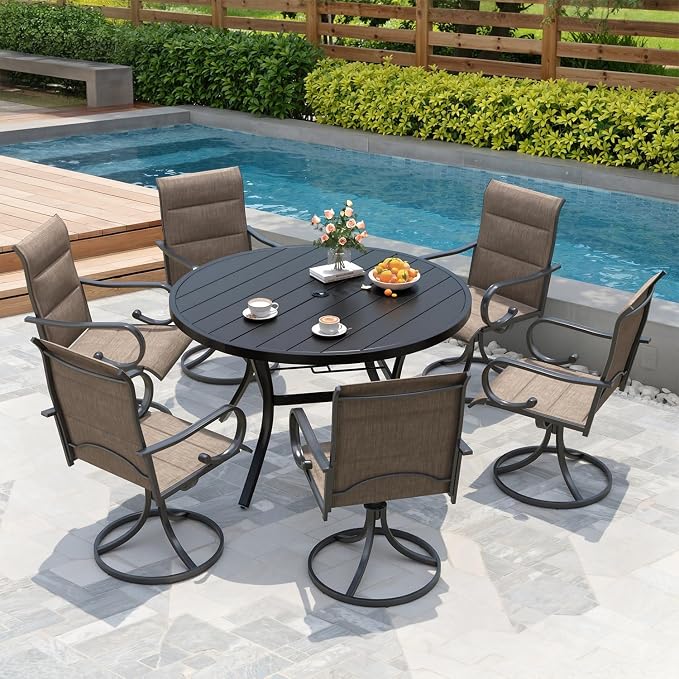 MELLCOM 47.4'' Round Outdoor Dining Table for 4-6, Metal Patio Dining Table with Umbrella Hole, All-Weather Black Table for Porch, Garden, Backyard, Poolside, Lawn