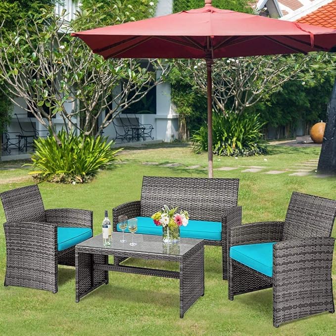 HAPPYGRILL 4 Pieces Patio Conversation Set with Soft Cushions Rattan Furniture Set with PE Wicker Coffee Table & Sofa Chairs for Garden Poolside Porch Backyard